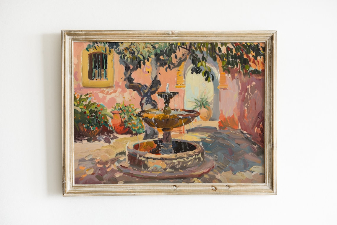 Rustic Spanish Garden Painting, Mediterranean Art Print