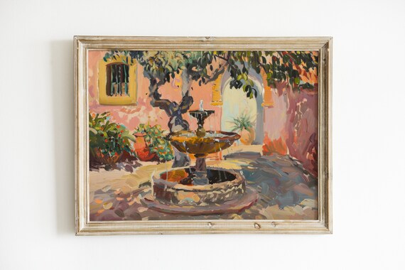 Rustic Spanish Garden Painting, Mediterranean Art Print