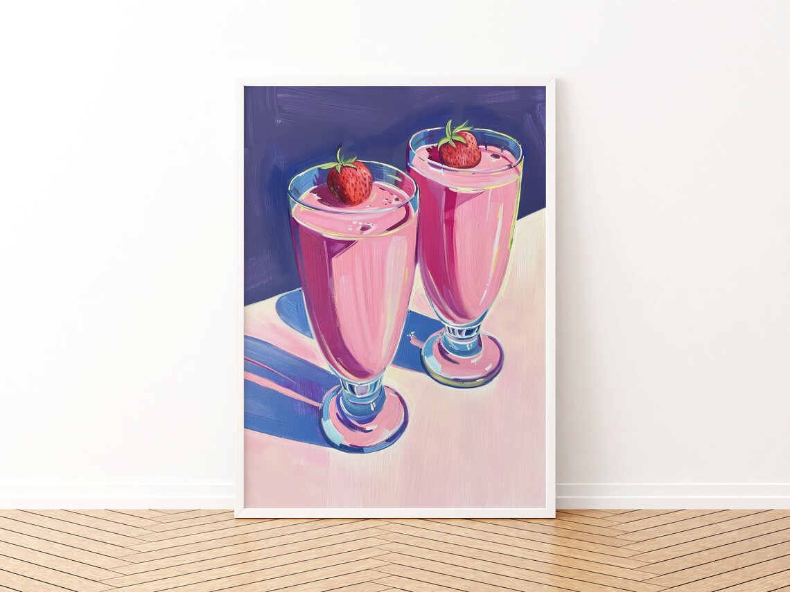 Strawberry Smoothie Painting, Preppy Kitchen Art Print - Image 3