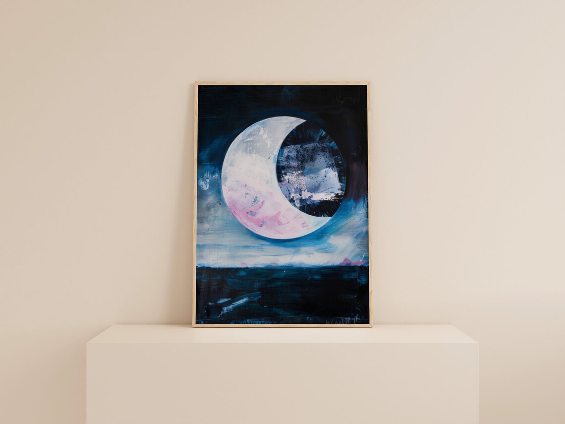 Crescent Moon Over Dark Sea Pink Navy Night Sky Painting Print - Image 2
