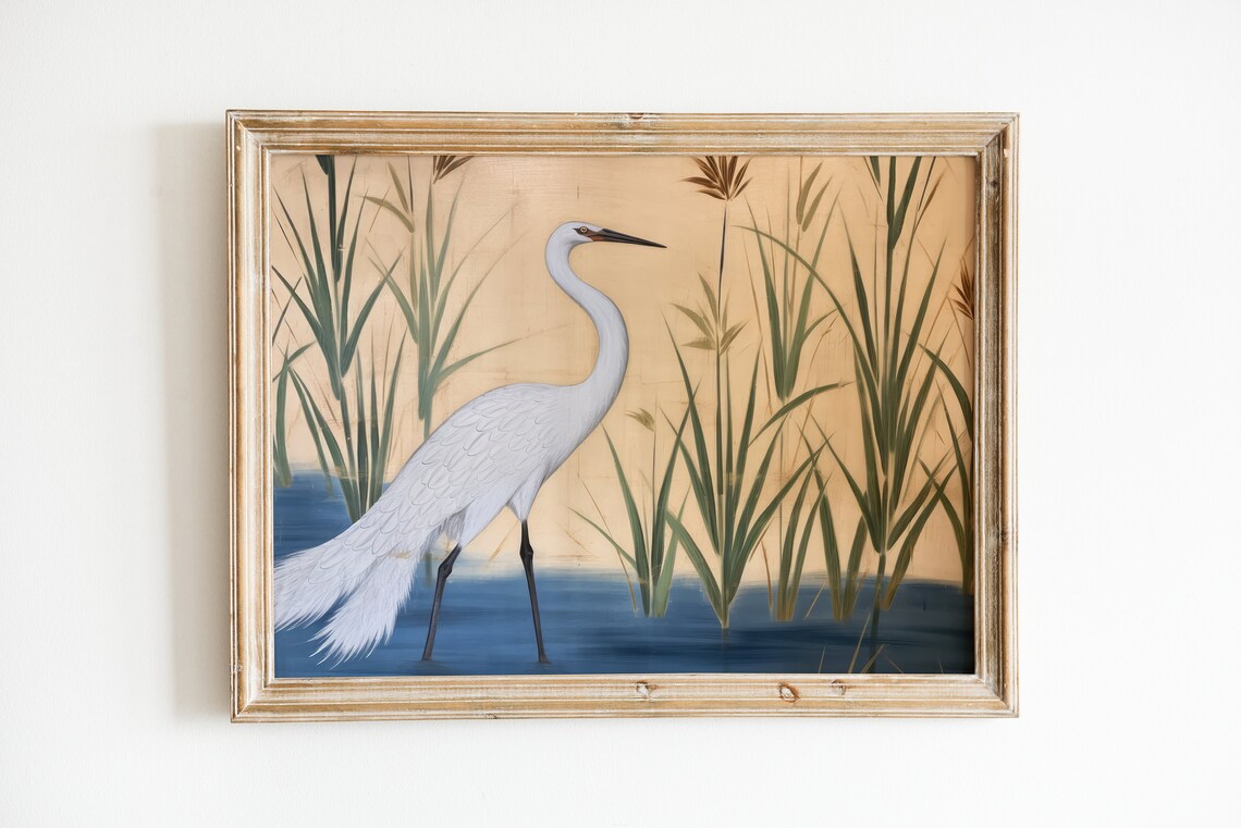 Heron Print, Grandmillennial Blue and White Art Print