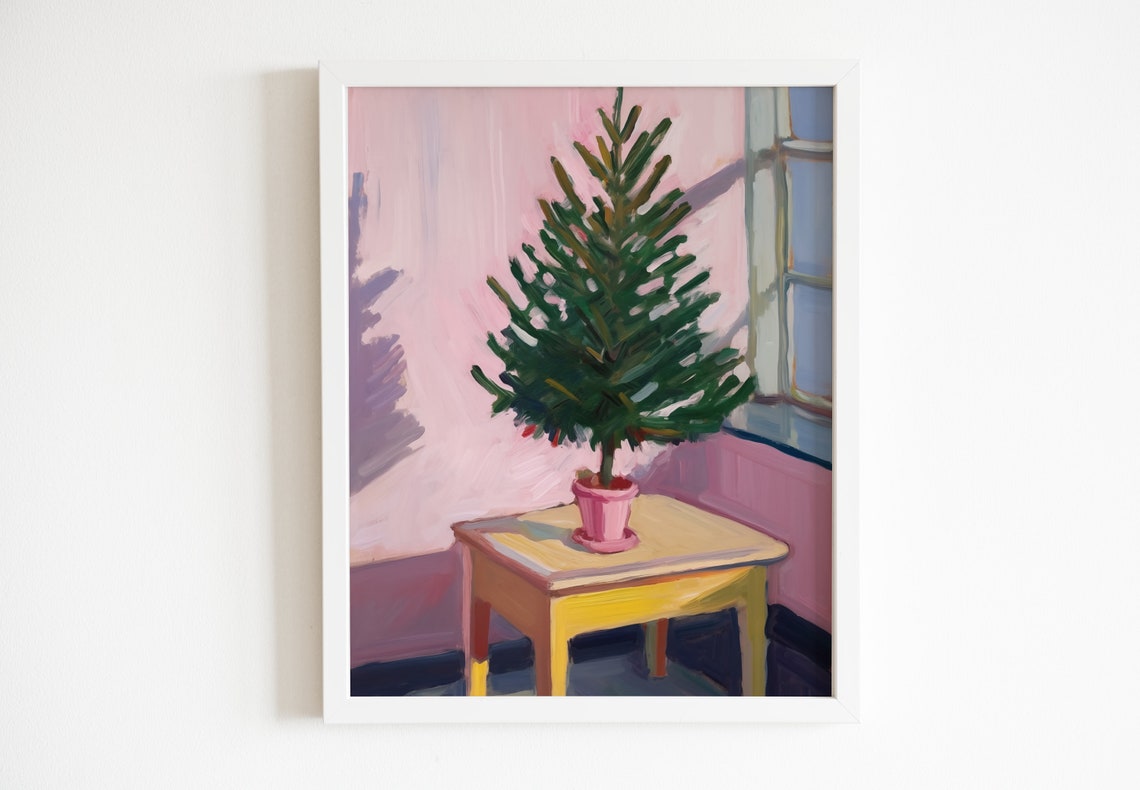 Small Christmas Tree In Pink Pot Painting On Yellow Side Table Print - Image 2