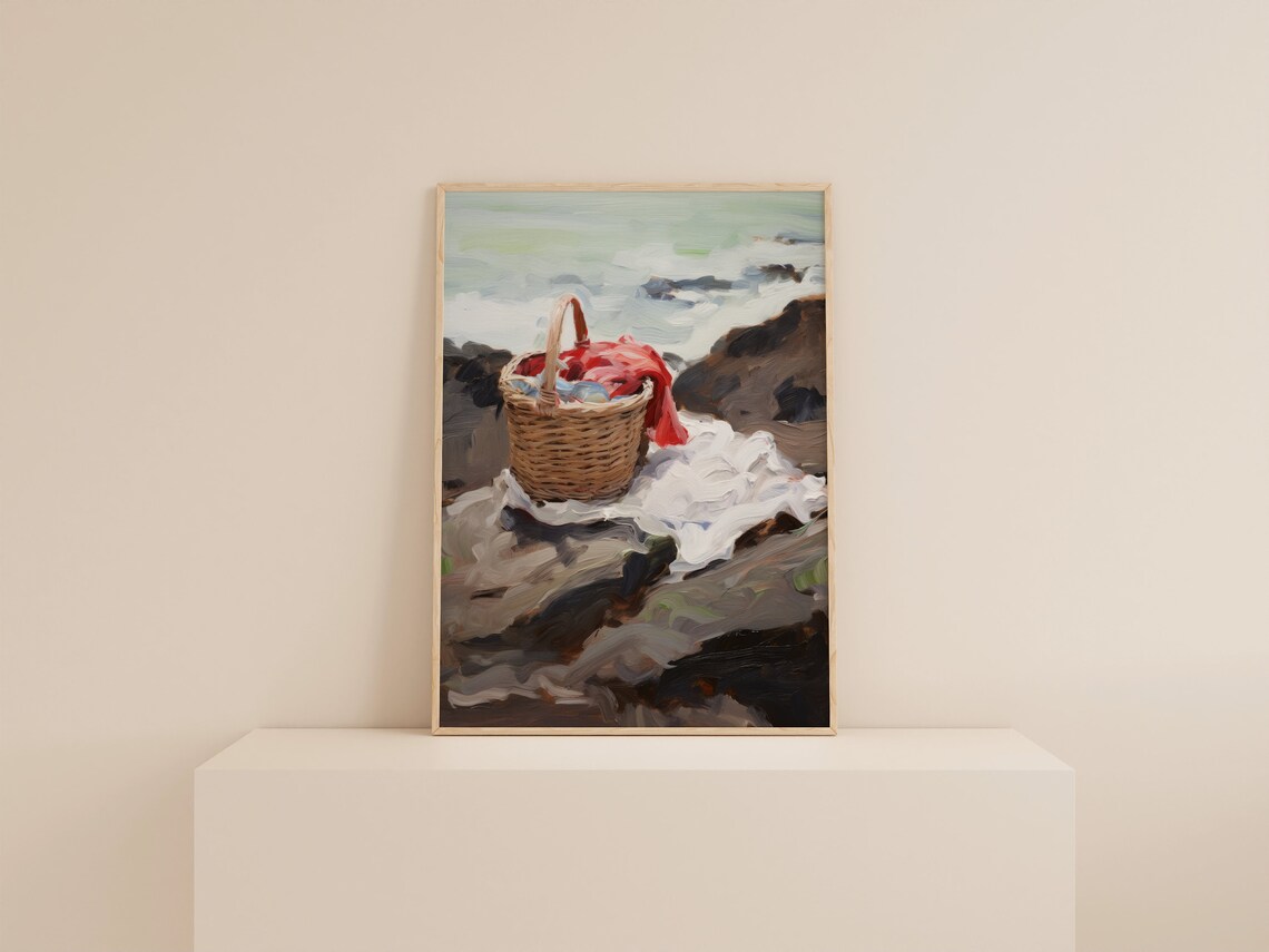 Seaside Picnic Basket Oil Painting Print On Rocks By The Ocean - Image 2