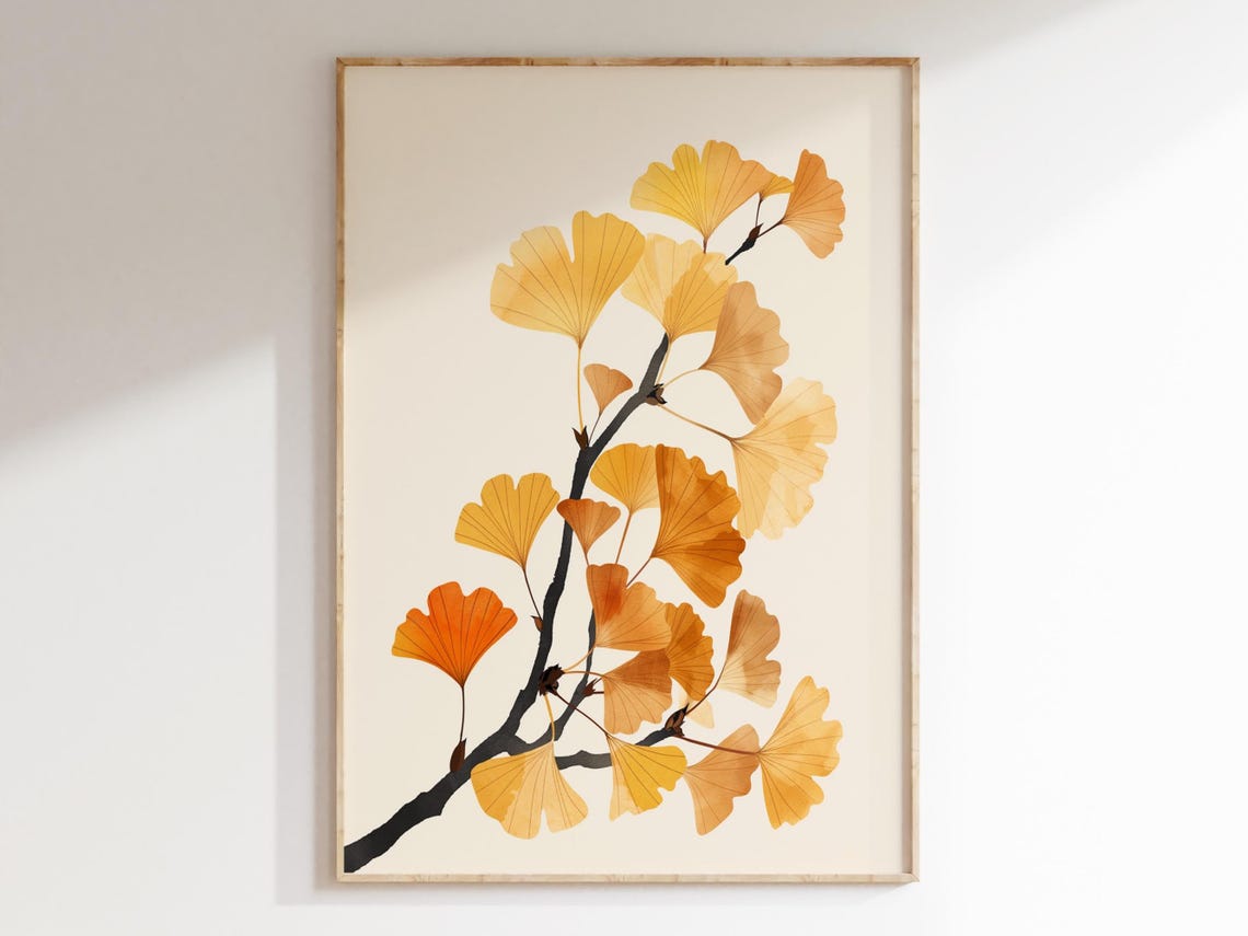 Golden Ginkgo Leaves Branch Minimalist Botanical Warm Fall Wall Poster