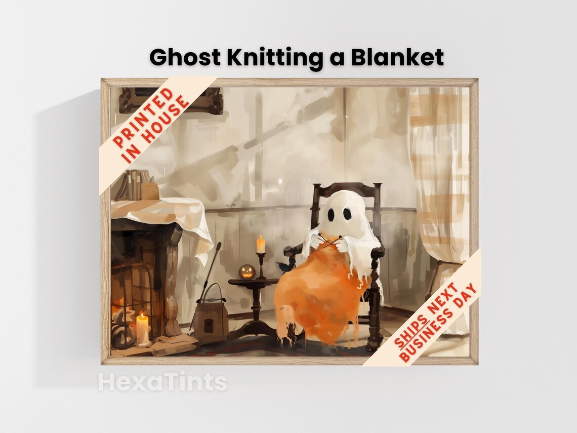 Cute Ghost Knitting Blanket Cozy Halloween Art Print Whimsical Autumn Decor - Image 4