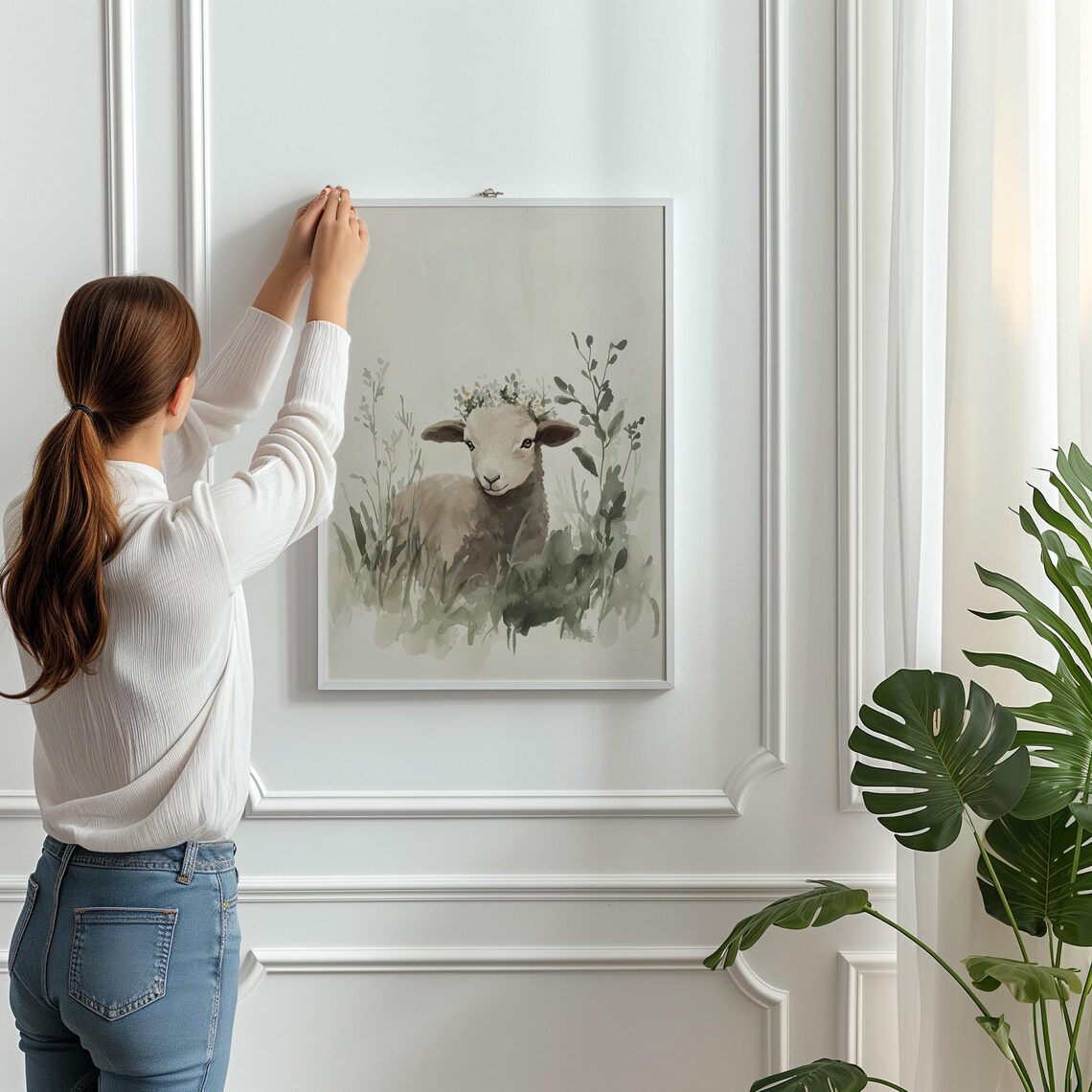 Lamb With Flower Crown Watercolor Cute Nursery Animal Wall Art Print - Image 2