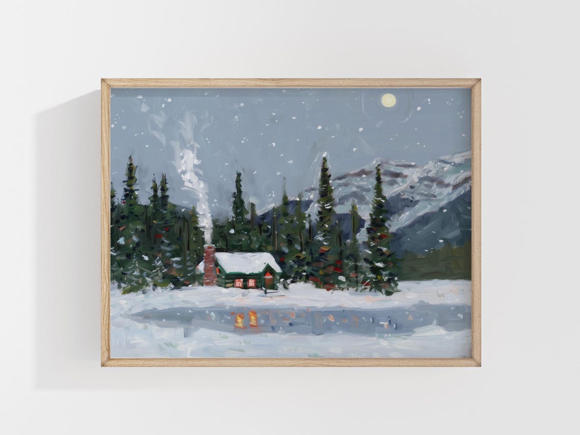 Cozy Winter Cottage Night Painting Snowy Cabin Moonlit Art Poster