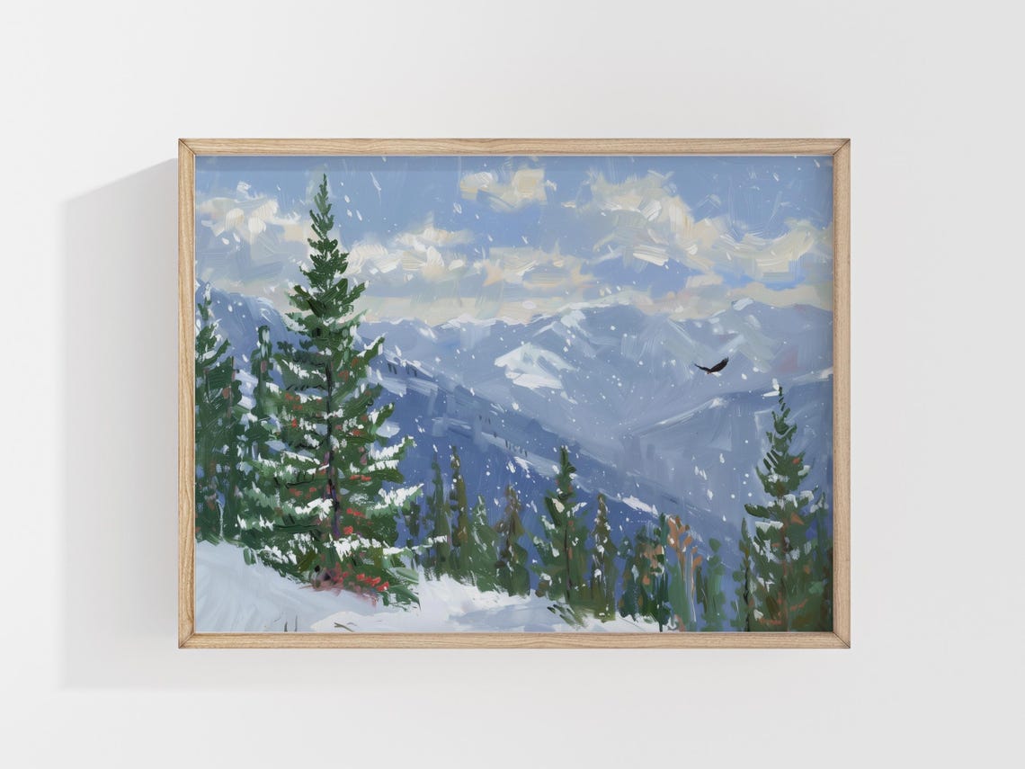 Snowy Mountain Eagle Soaring Winter Landscape Painting Wall Art Print