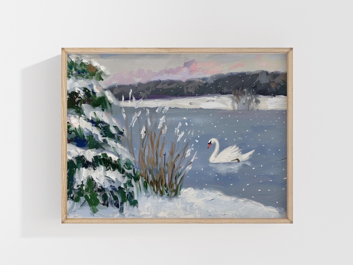 Winter Landscape Painting, Swan In A Lake