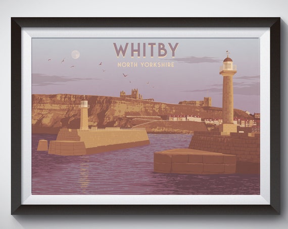 Whitby Travel Poster Yorkshire Wall Art Seaside Travel Poster Vintage Print Whitby Lighthouse Art Deco Retro Artwork Whitby Abbey