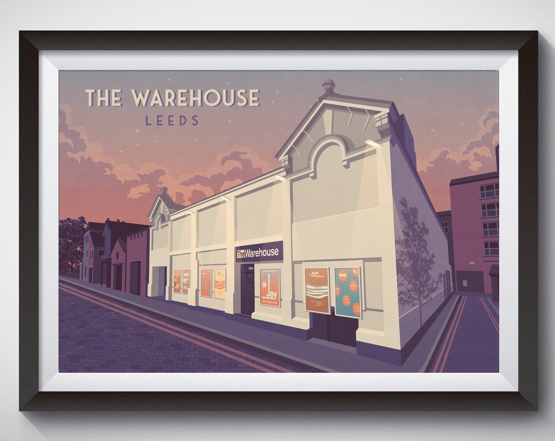 The Warehouse Leeds White Club Building Dusk Retro Venue Poster