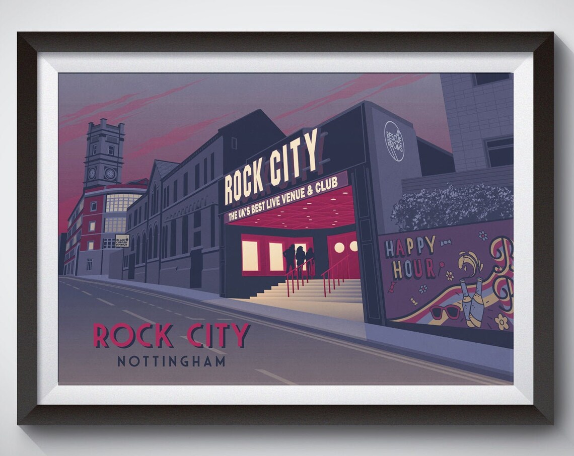 Rock City Nottingham Travel Poster, Music Venue Architecture