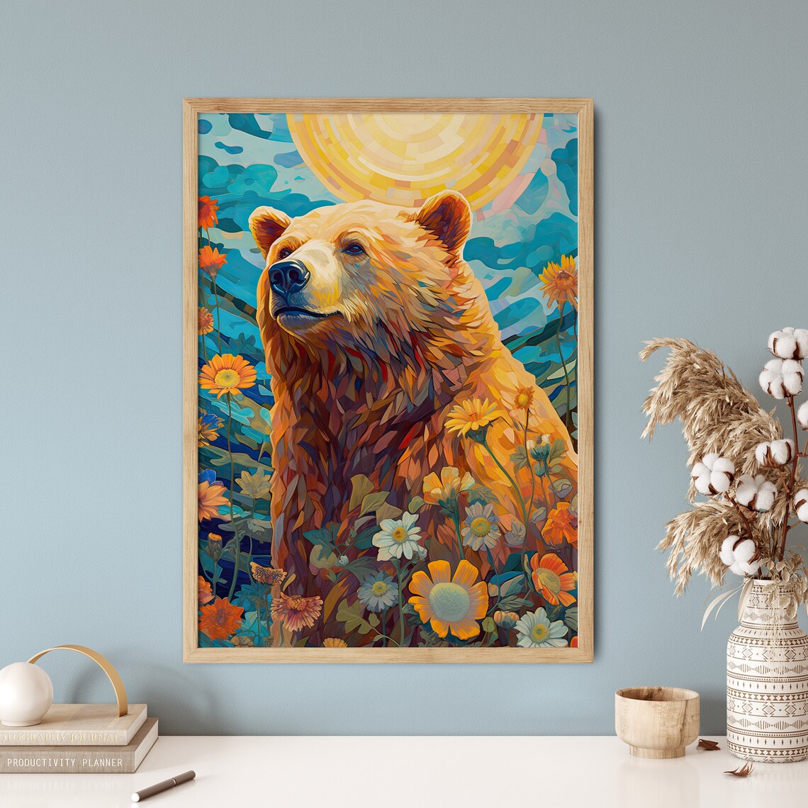 Bear Among Wildflowers Mosaic Sunset Wildlife Art Style Poster - Image 5