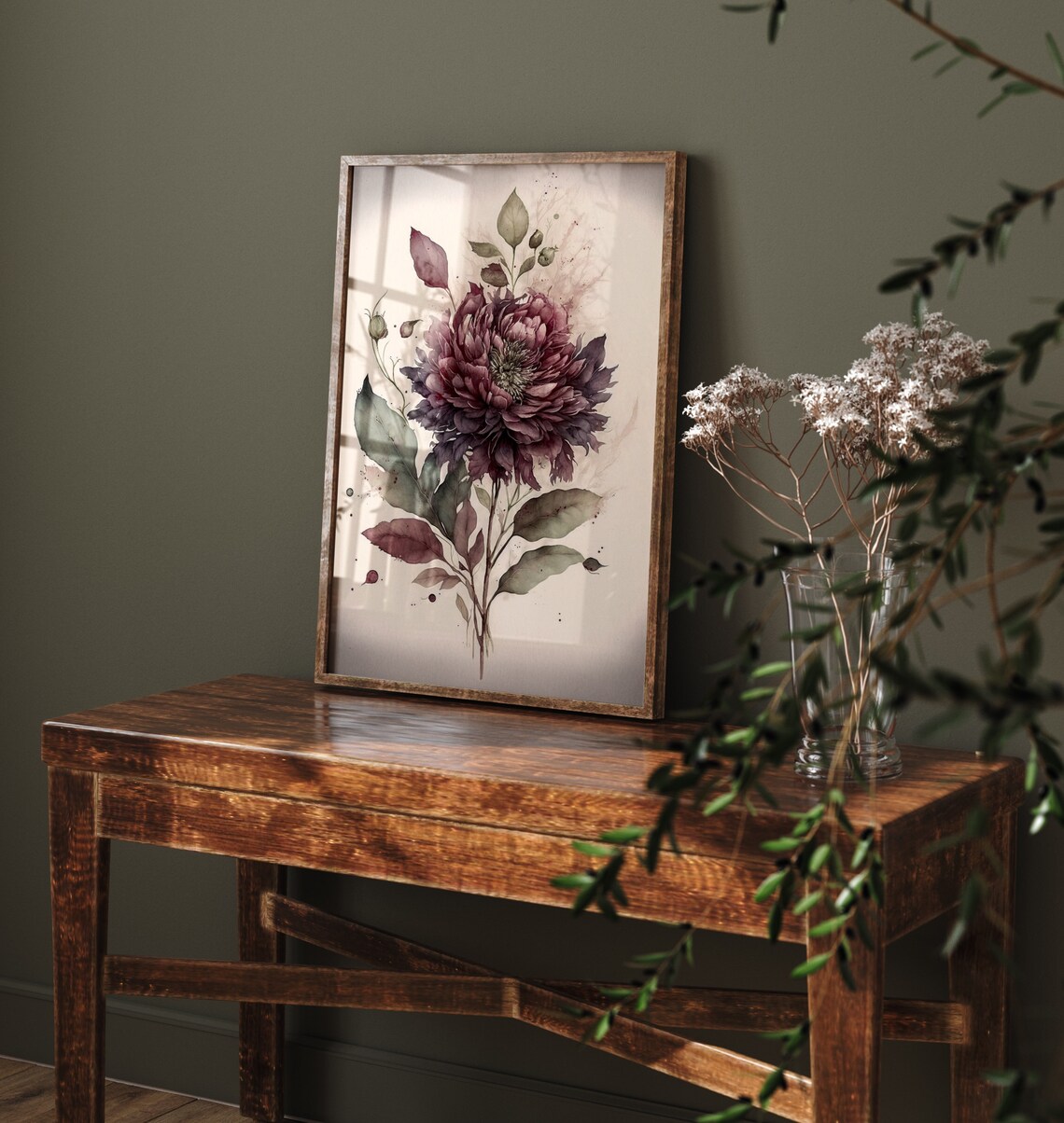Burgundy Dahlia Bloom Watercolor Dark Moody Botanical Art Print - Image 4