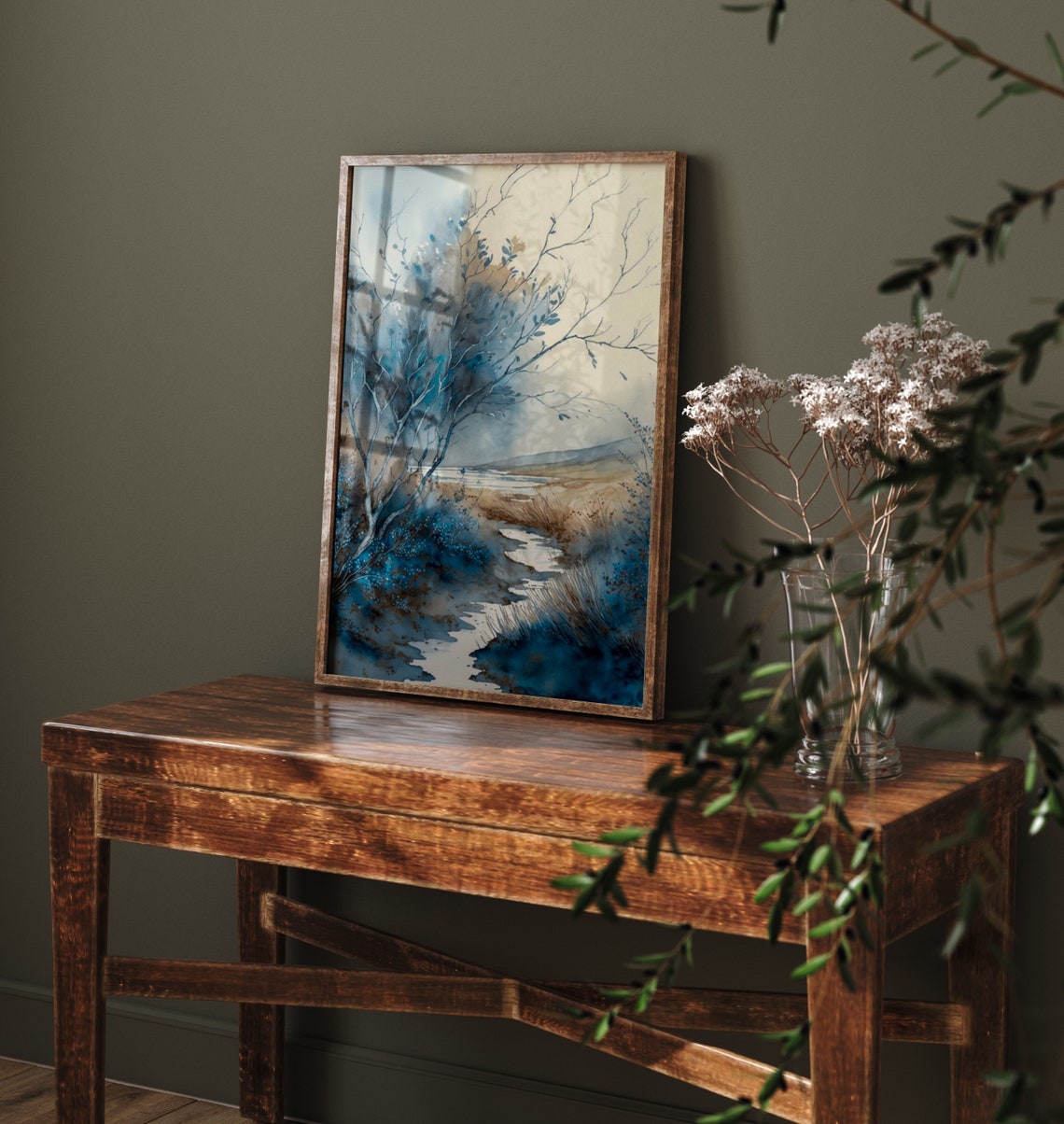 Moody Blue Marsh Bare Branches Misty Watercolour Nature Poster - Image 4