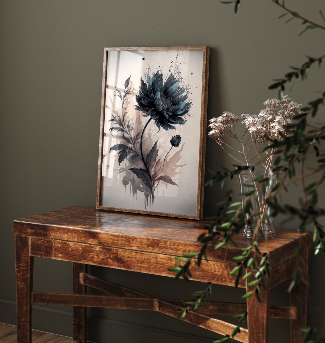 Black Watercolor Flower Dramatic Ink Splatter Moody Art Poster - Image 4