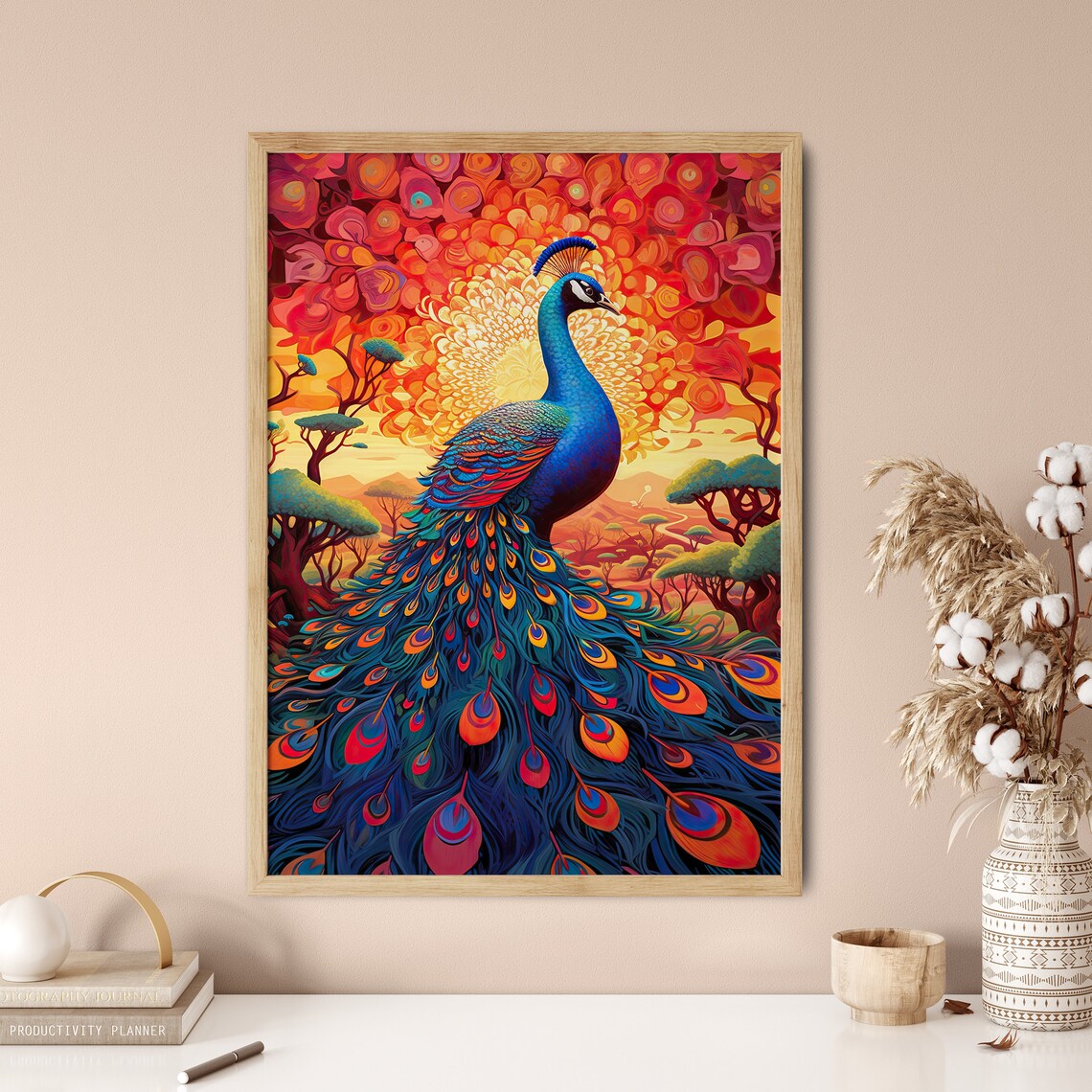 Peacock Red Trees Sunset Stained Glass Vibrant Bird Art Poster - Image 5