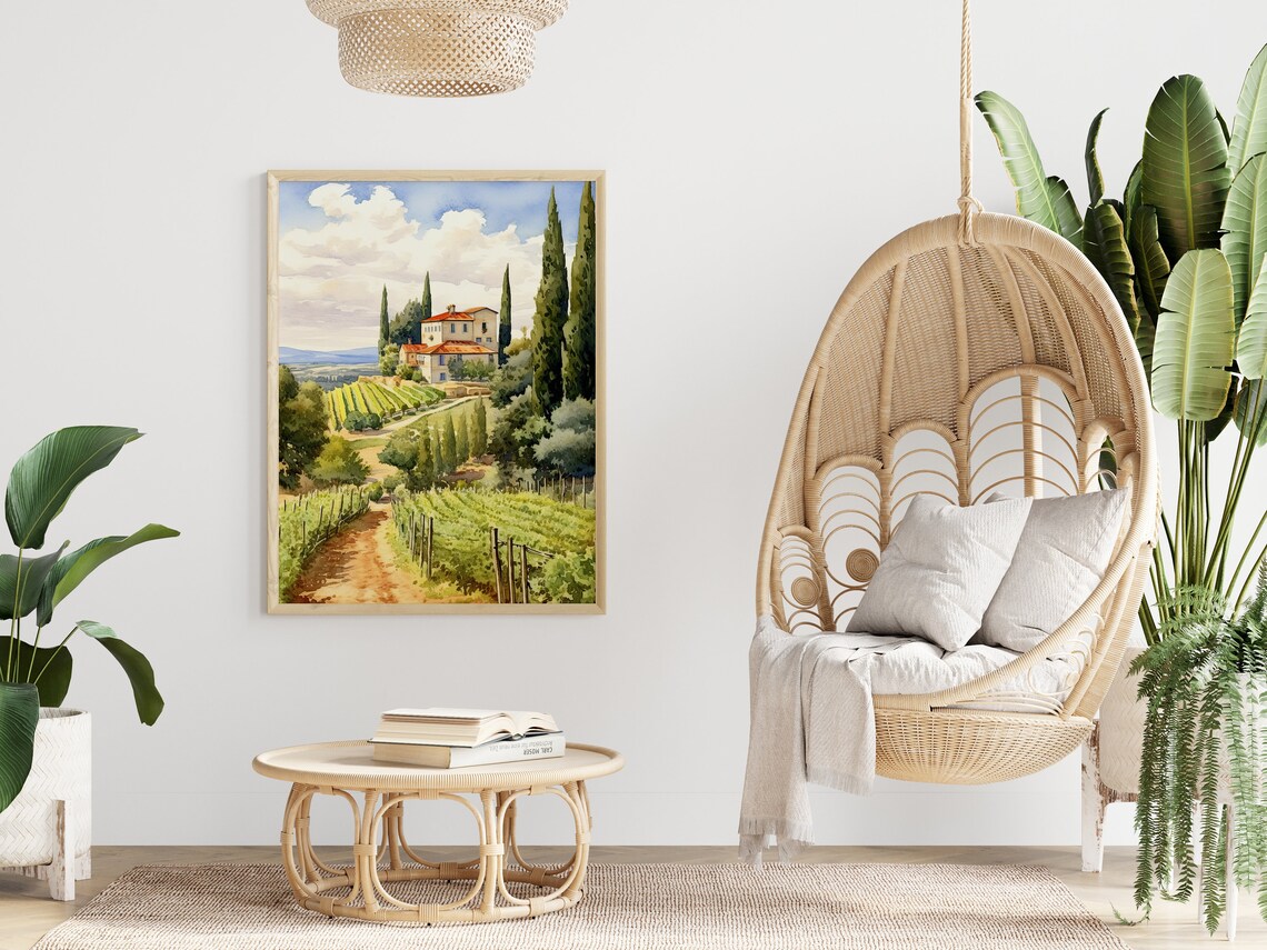 Italian Villa Vineyard Path Green Cypress Hills Watercolor Poster - Image 4