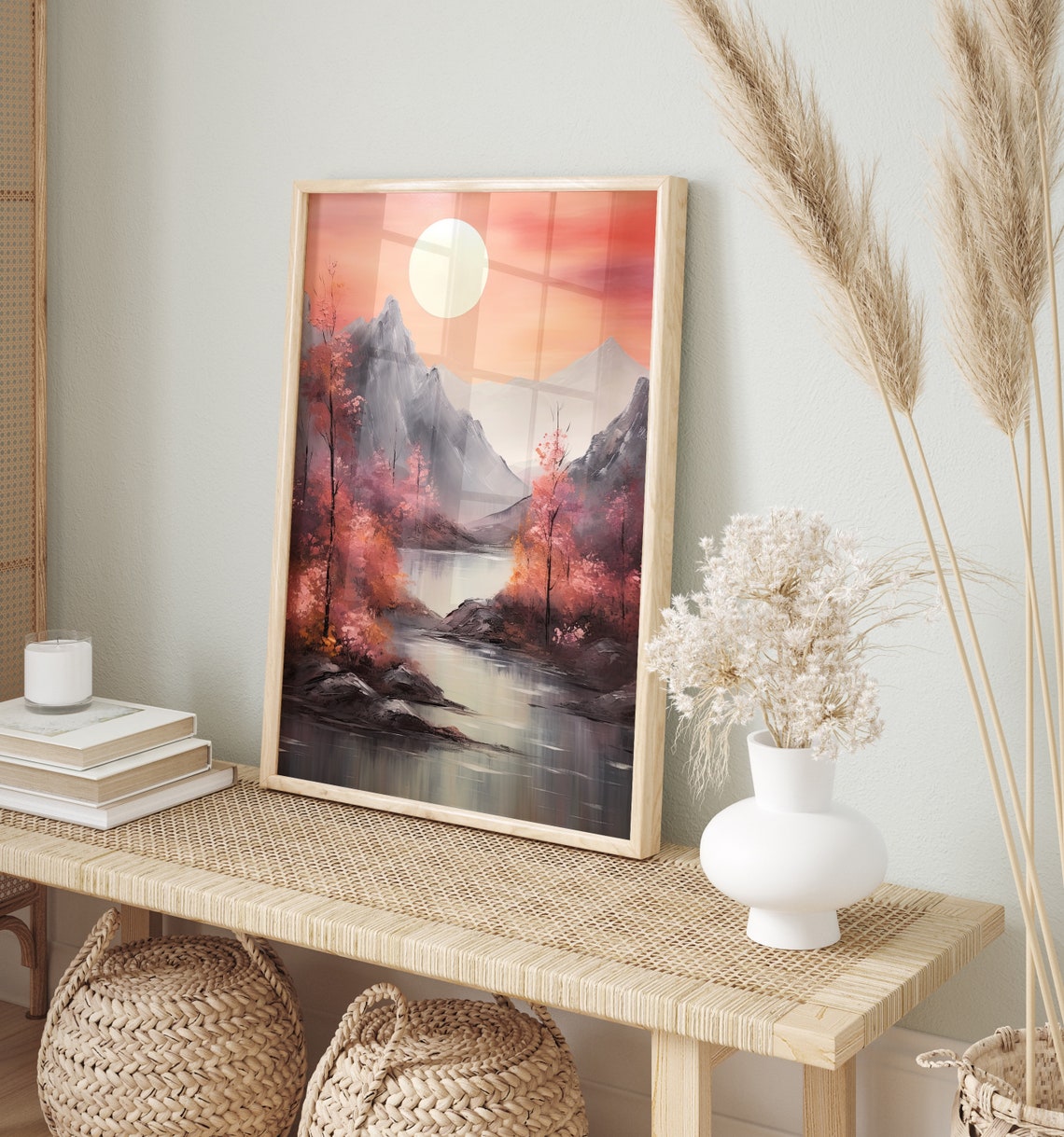 Crimson Sunset Over Tranquil Mountain Lake Pink Sky Landscape Poster - Image 4