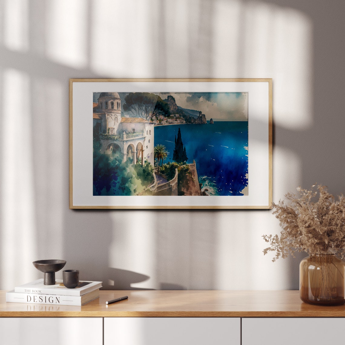 Amalfi Villa With Cypress Trees Watercolor Italian Coast Art Print - Image 2