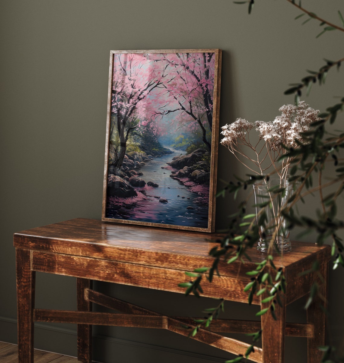 Cherry Blossom Trees Over Misty Rocky River Spring Scene Poster - Image 5