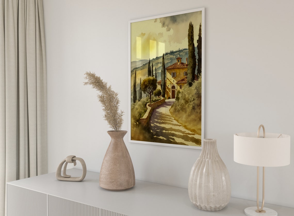 Tuscan Villa Cypress Path Golden Watercolor Italy Landscape Poster - Image 3