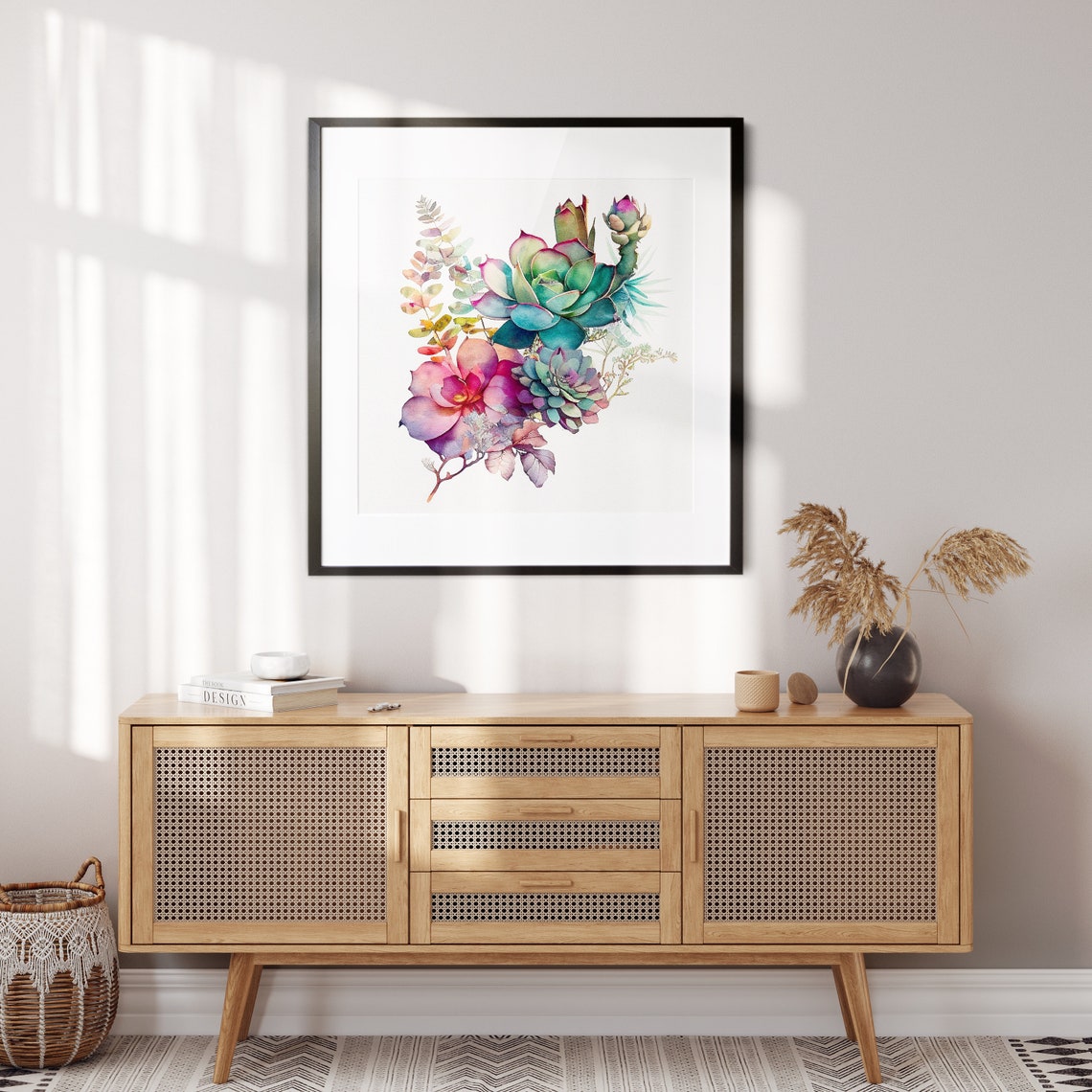 Watercolour Succulents Pink Green Botanical Square Art Poster - Image 2