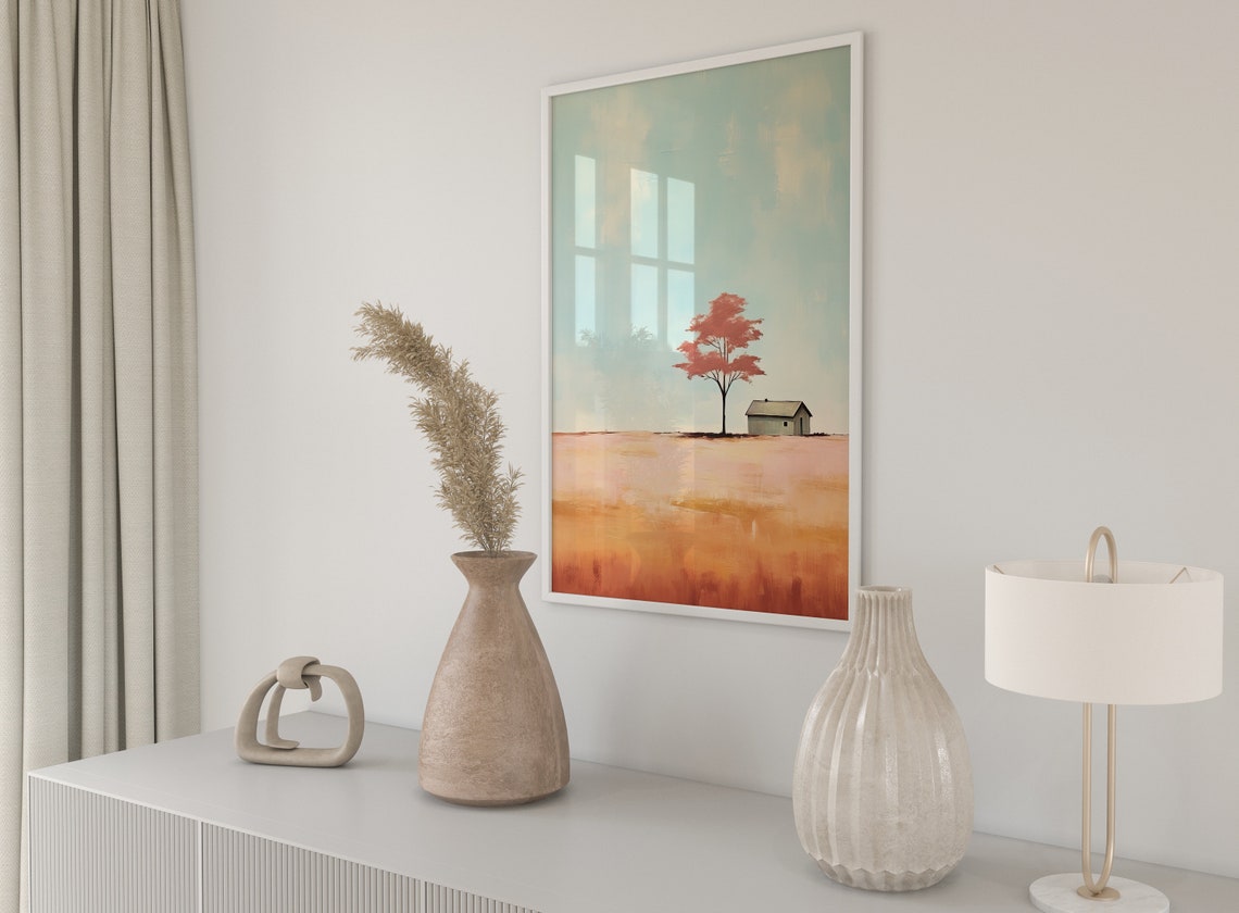 Red Tree And Farmhouse In Golden Field Minimalist Autumn Poster - Image 4
