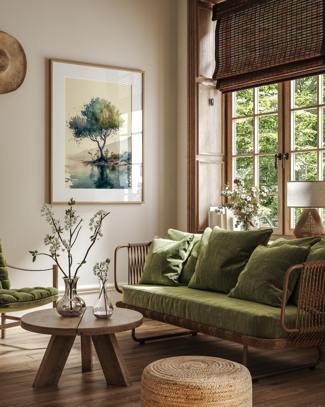 Serene Watercolor Tree By Calm Lake With Mirror Reflection Poster - Image 4