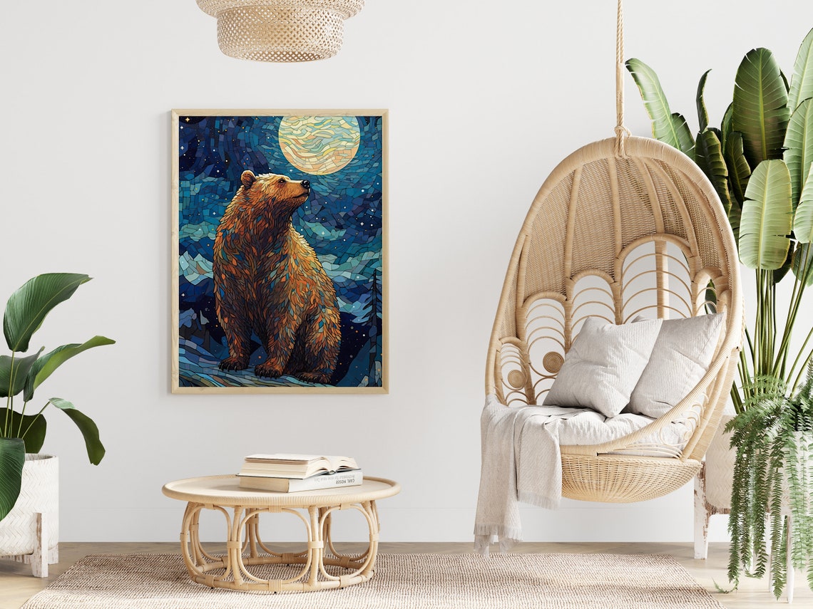 Golden Bear Gazing At Full Moon Blue Mosaic Starry Night Poster - Image 4