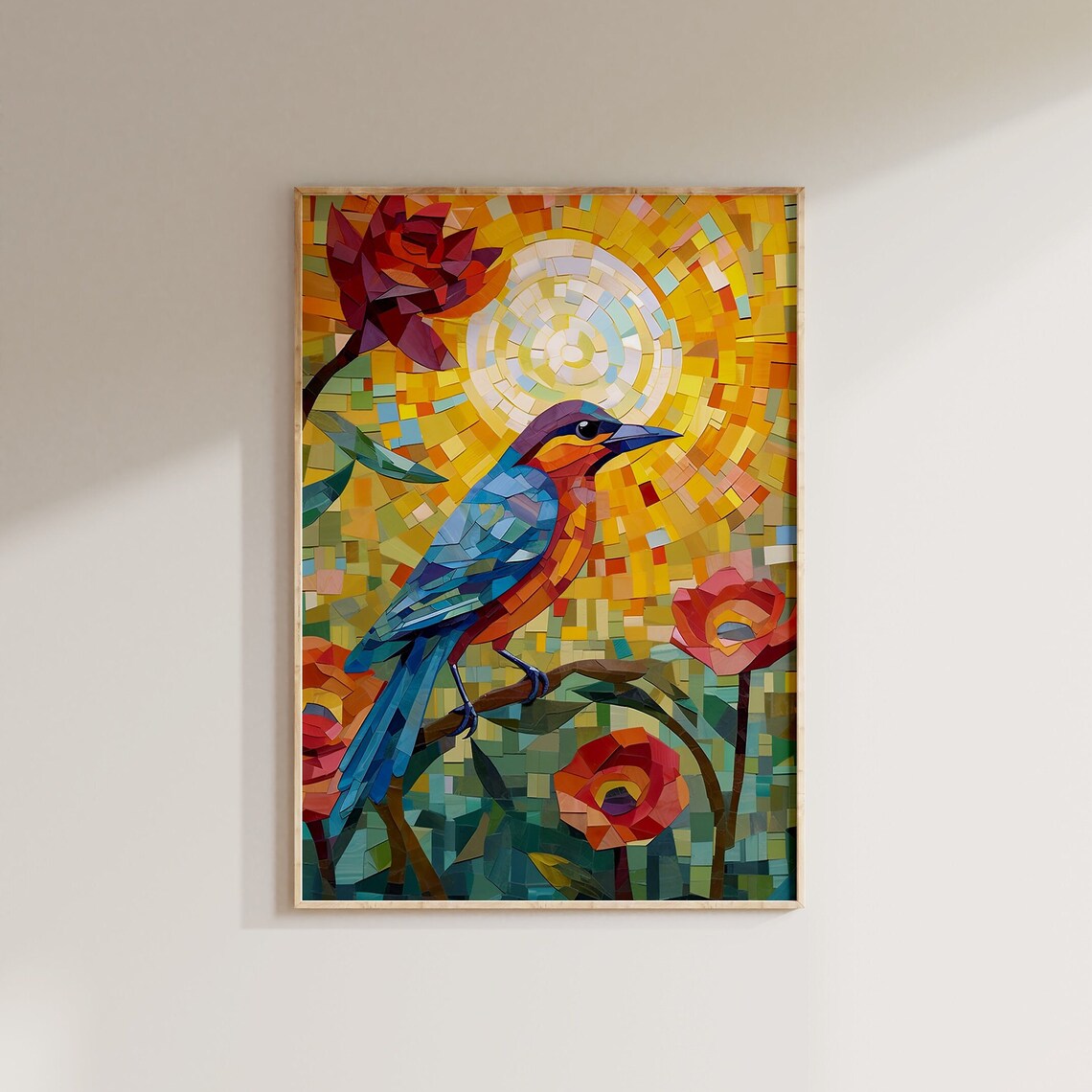 Blue Bird Red Flowers Mosaic Sun Garden Bird Art Wall Poster - Image 3