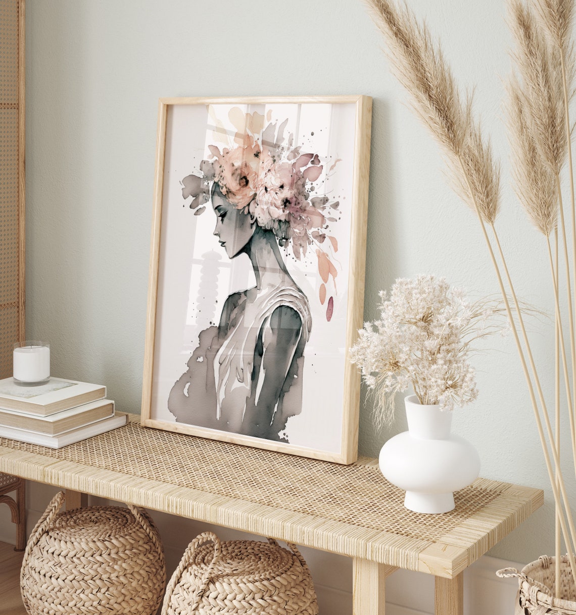 Watercolor Woman Floral Crown Blush Elegant Portrait Art Poster - Image 4