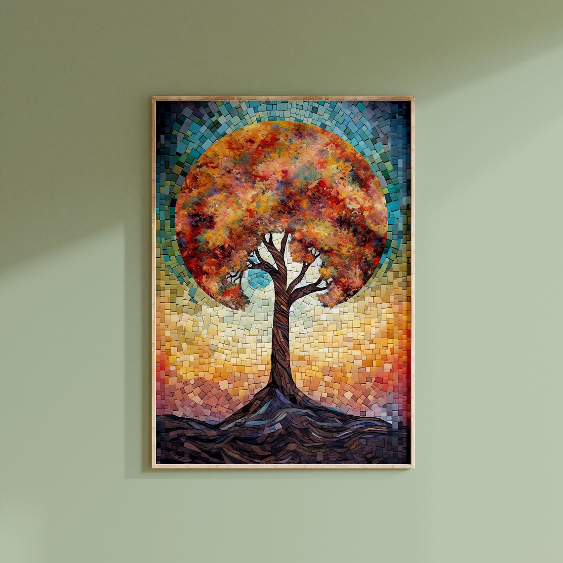 Round Canopy Mosaic Tree Teal Sky Autumn Colours Decor Poster - Image 3