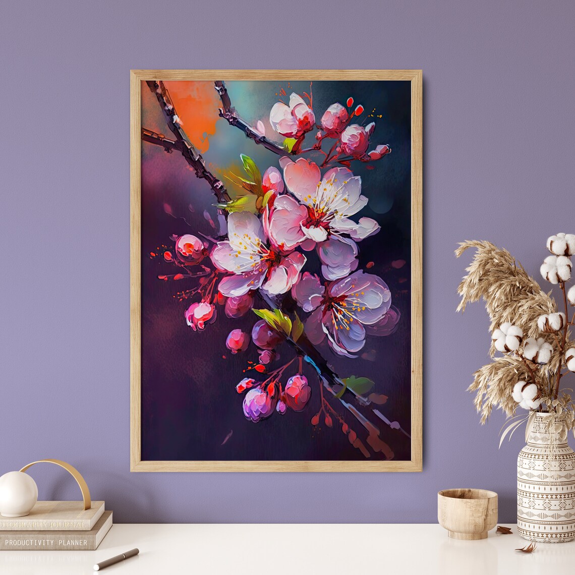 Cherry Blossom Close Up Dark Moody Background Oil Painting Poster - Image 5