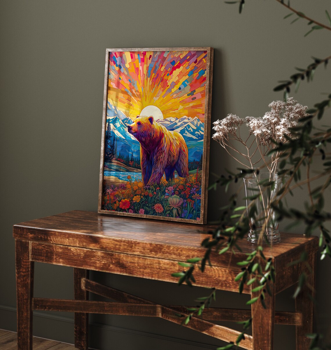 Mosaic Bear Sunrise Mountain Wildflowers Vibrant Wildlife Poster - Image 4