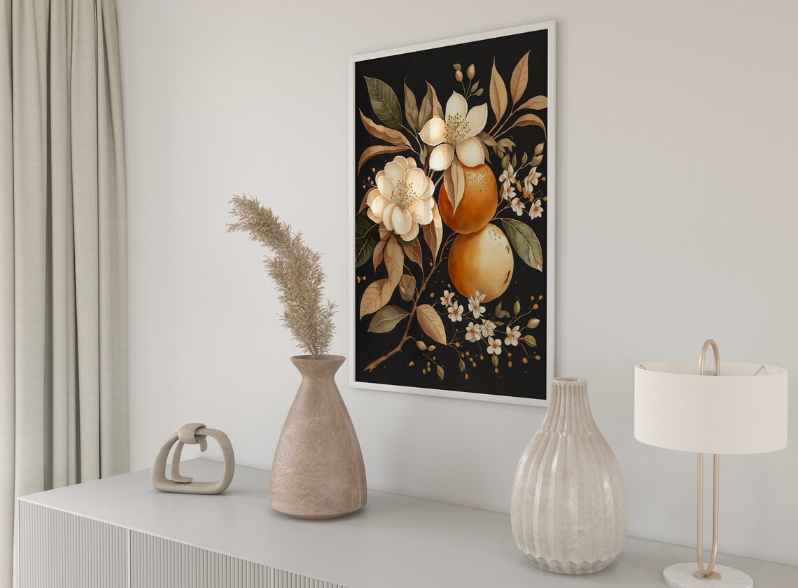 Cream Orange Blossom Botanical on Dark Moody Floral Wall Art - Image 5