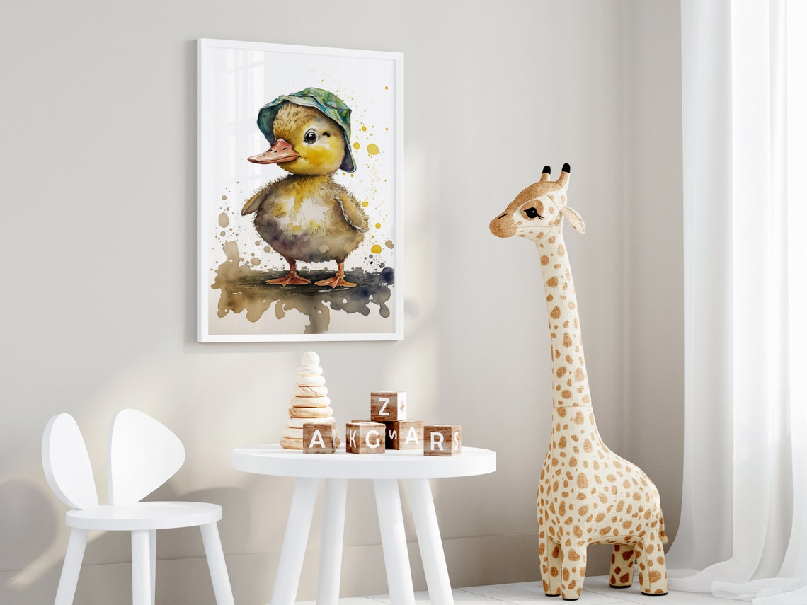 Watercolor Duckling Sunhat Puddle Cute Nursery Animal Art Poster - Image 3