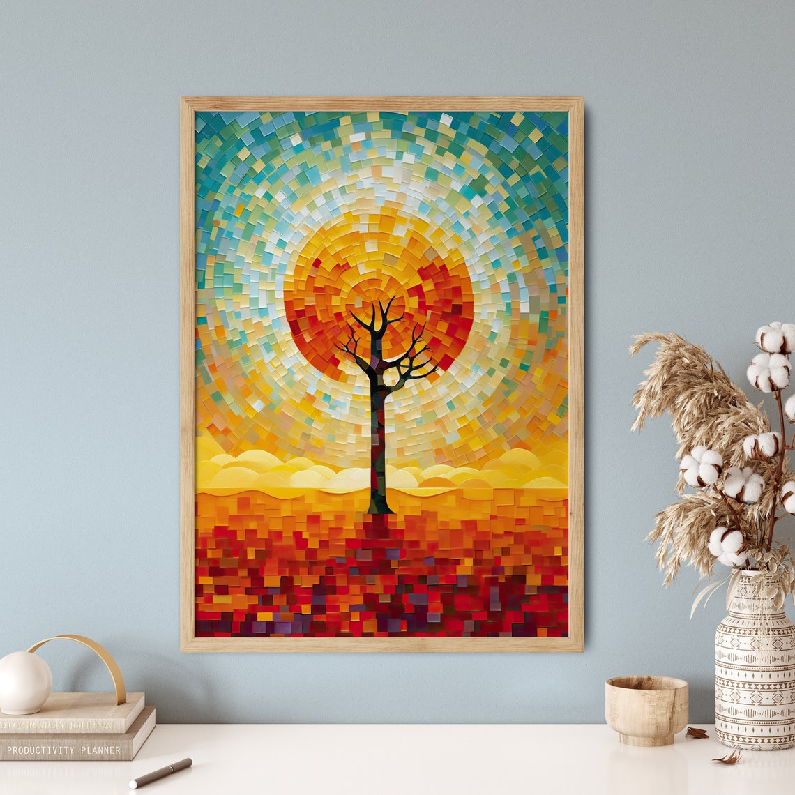 Bright Mosaic Sun Sunset Tree Abstract Colourful Sky Art Poster - Image 5