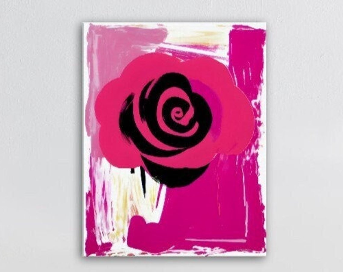 Hot Pink Abstract Rose Large Brushstroke Modern Floral Wall Art