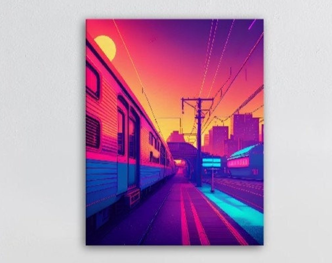 Neon Train Station Sunset Synthwave Retro Travel Scene Art Poster