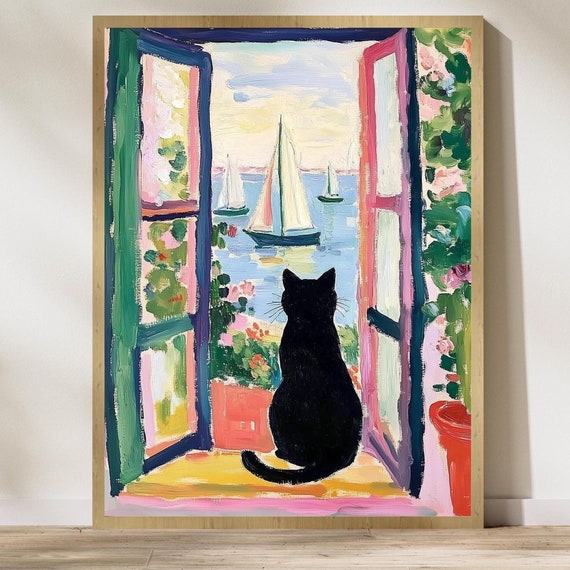 Black Cat By The Sea Poster Colorful Oil Painting Print Colorful Wall Decor Matisse Oil Painting Poster Whimsical Cat Sailboats Art