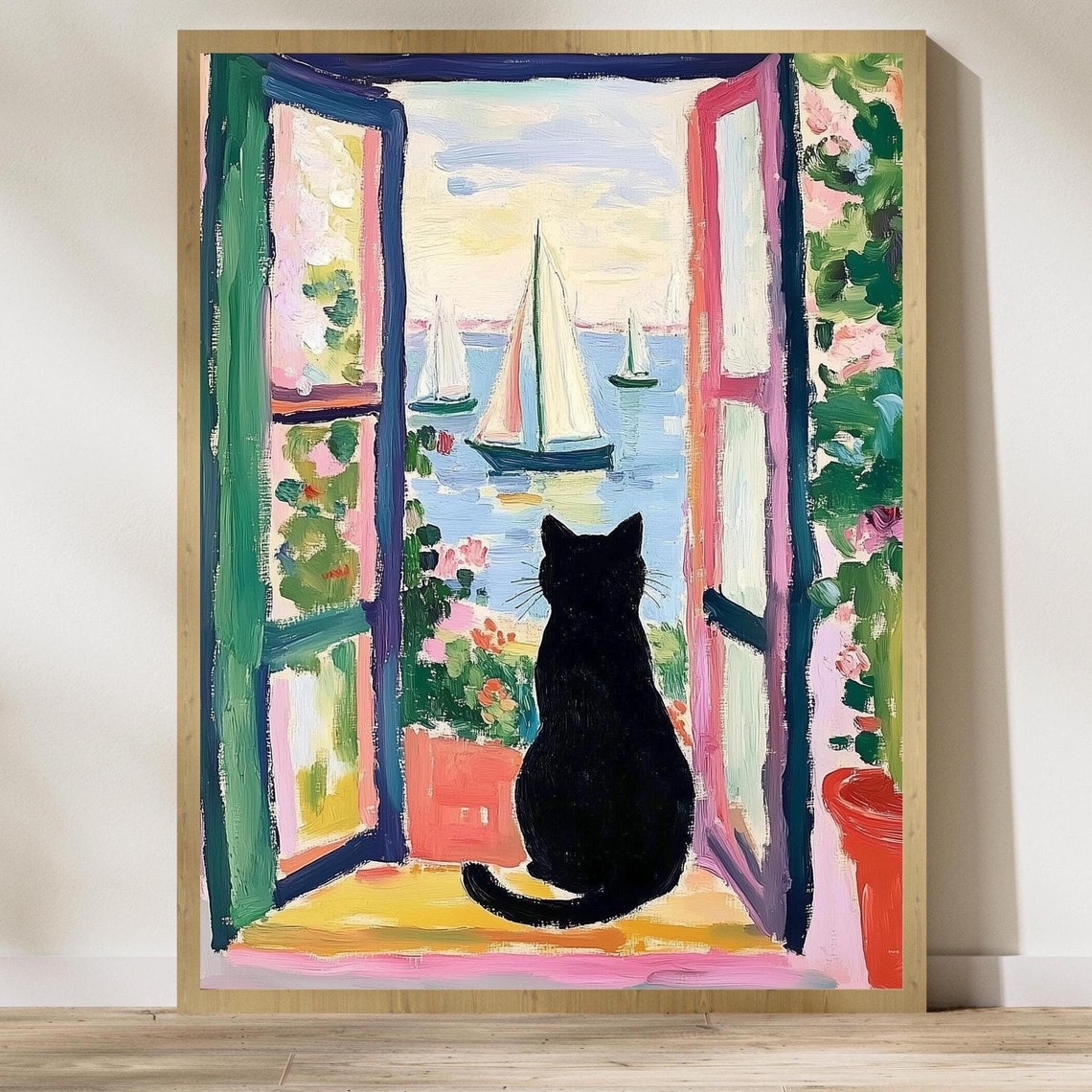 Black Cat By The Sea Poster Colorful Oil Painting Print Colorful Wall Decor Matisse Oil Painting Poster Whimsical Cat Sailboats Art