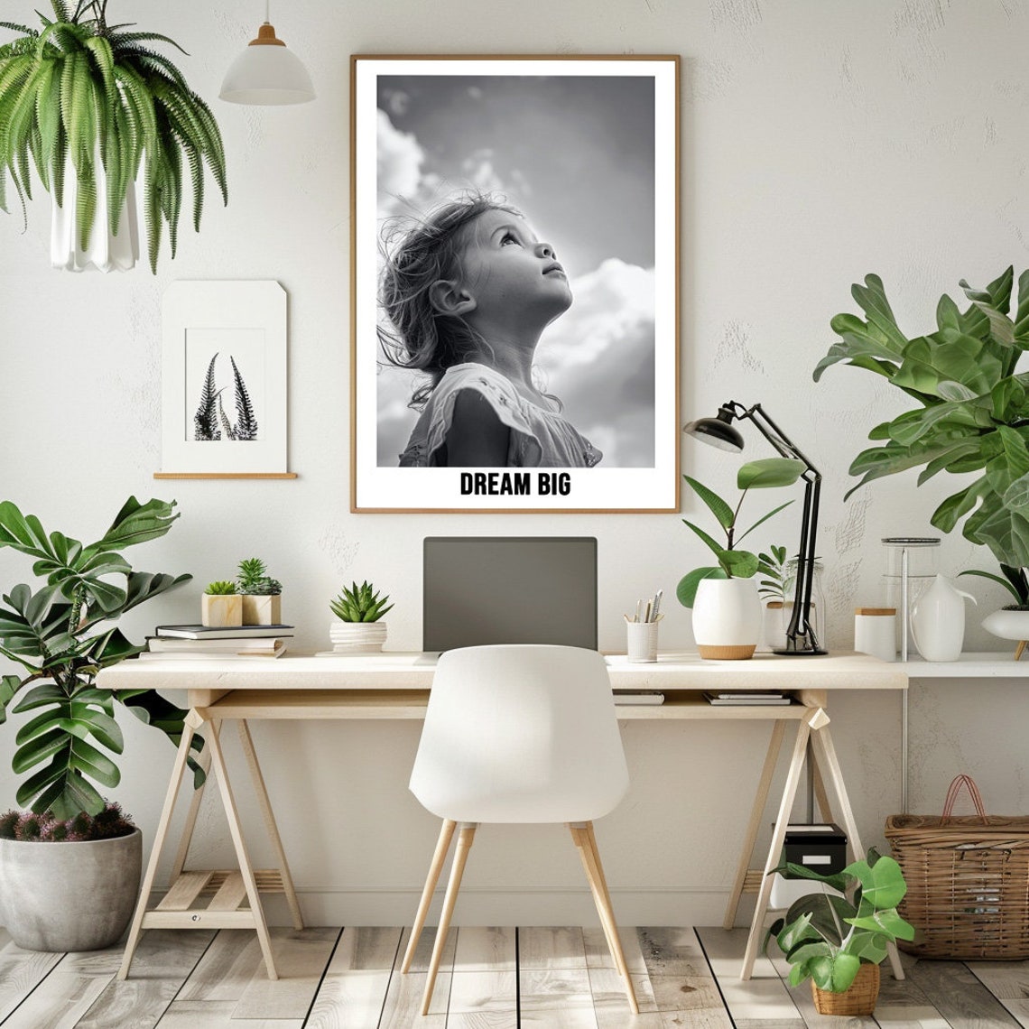 Young Girl Looking Up At Cloudy Sky Dream Big Black White Poster