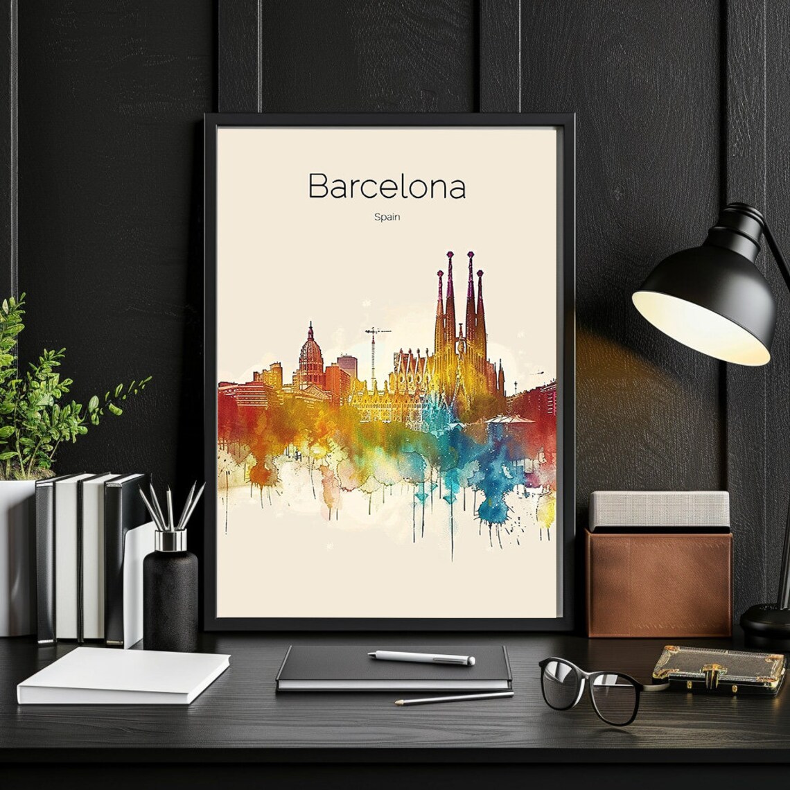 Barcelona Spain Sagrada Familia Skyline Watercolor Travel Poster