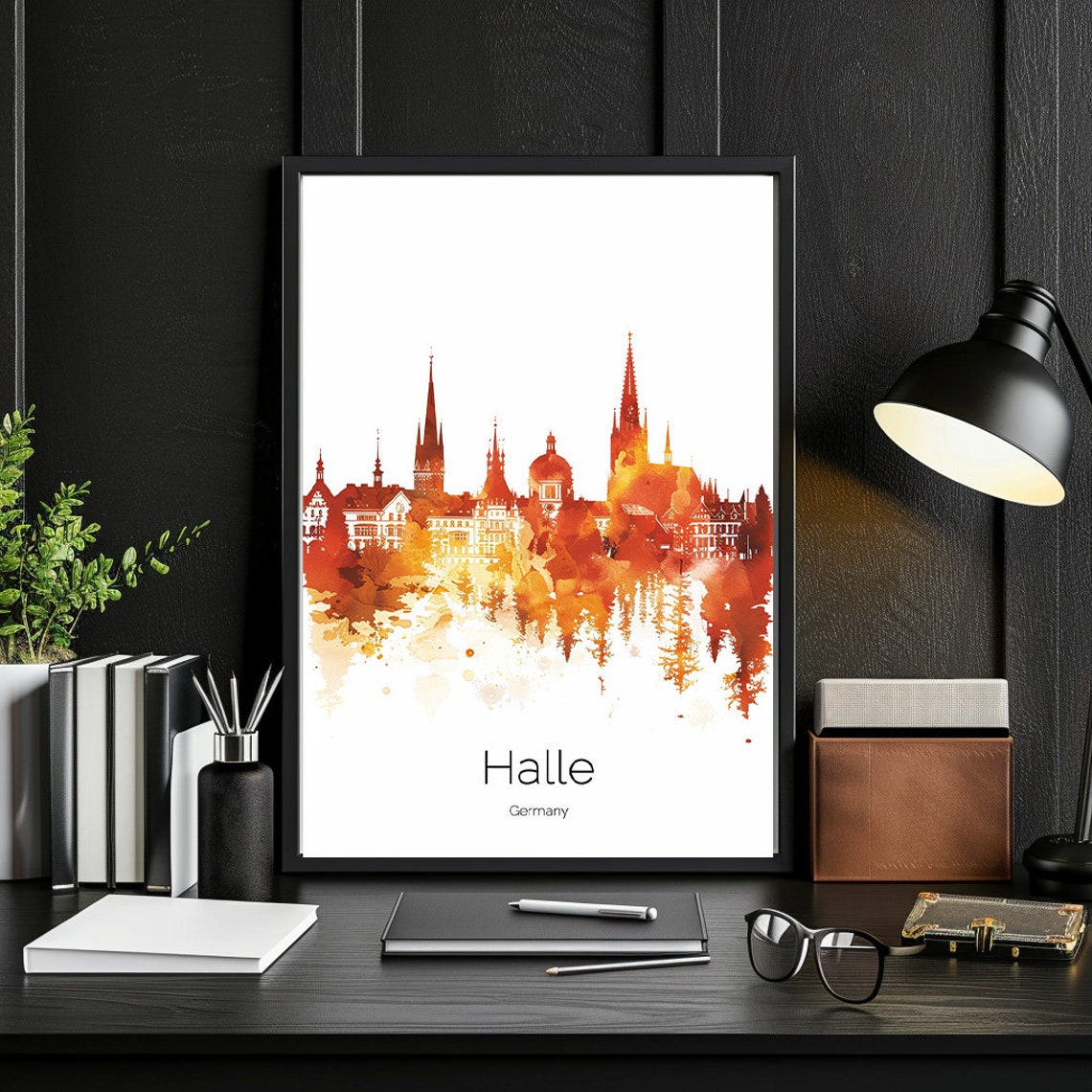 Halle Germany Watercolor Skyline Church Spires Warm Sunset Poster