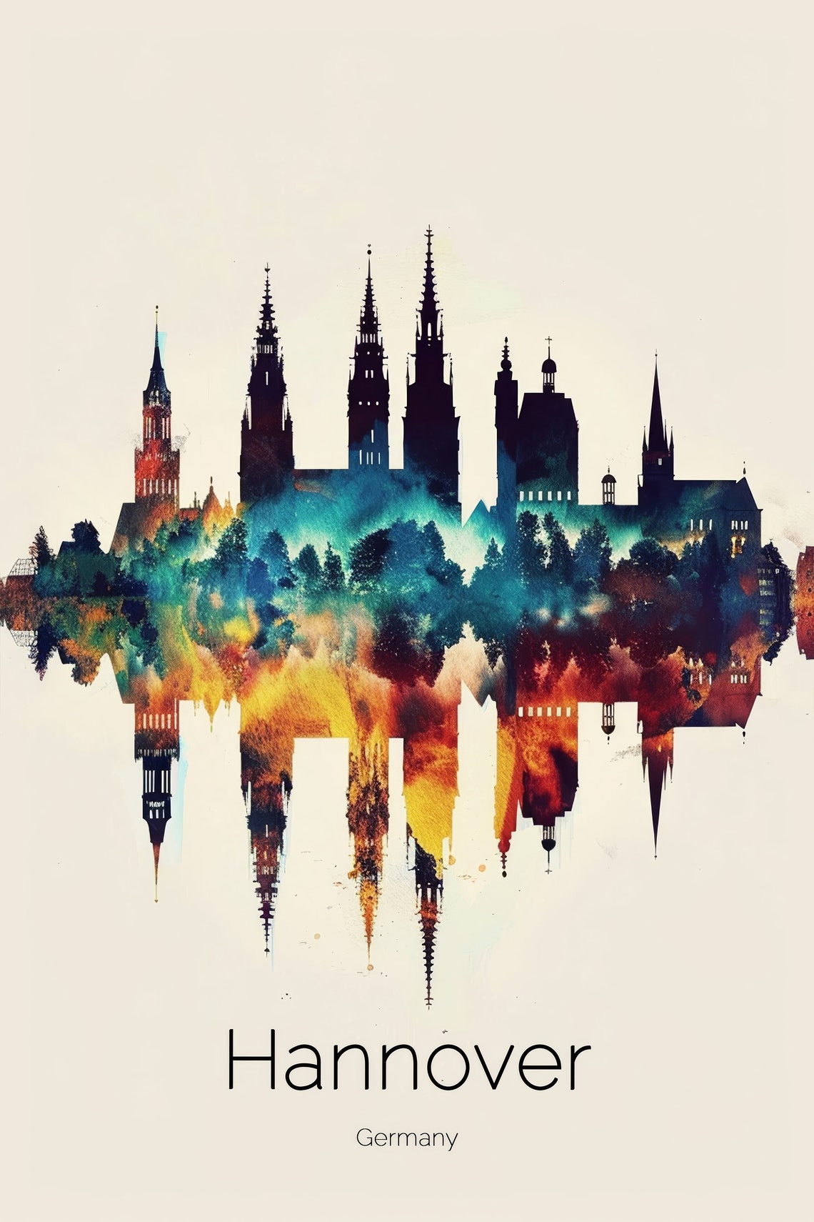 Hannover Germany Watercolor Church Spires Skyline Dusk Glow Poster - Image 2