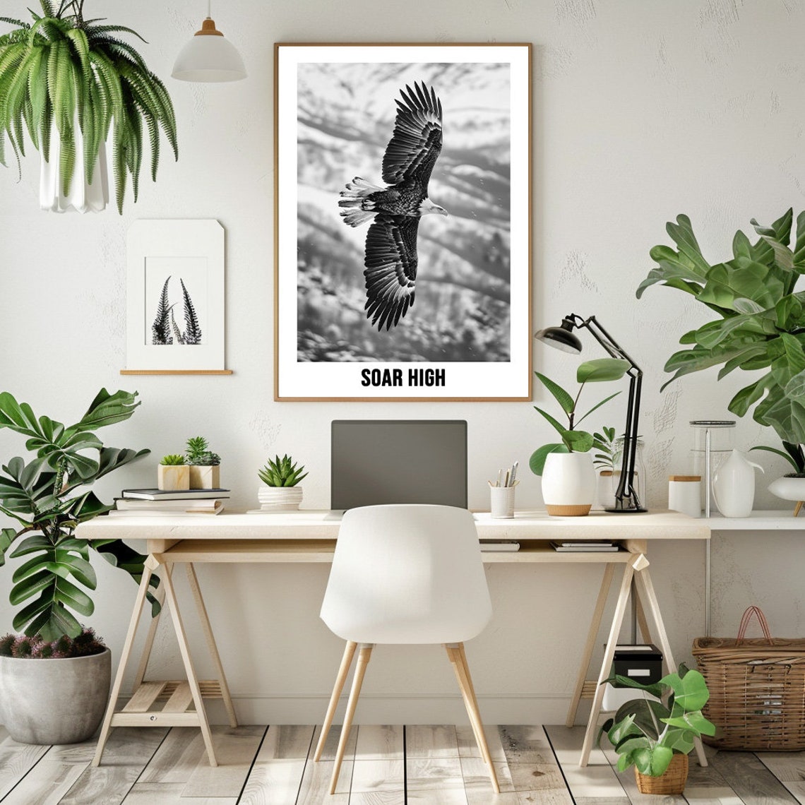 Majestic Bald Eagle Soaring In Flight Soar High Black White Poster