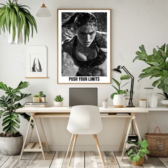Determined Woman Athlete In Rain Push Your Limits Black White Poster