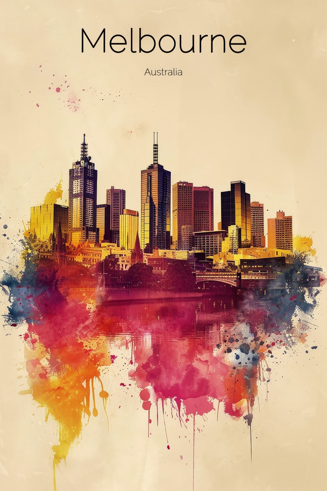 Melbourne Australia Splash Watercolor City Skyline Travel Poster - Image 2