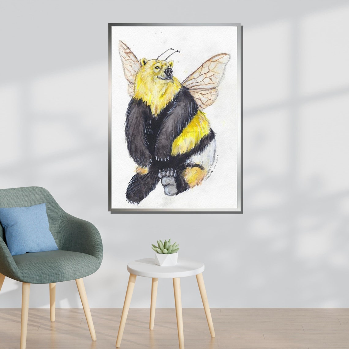 Bumble Bear Whimsical Fantasy Bear Bee Wings Watercolor Art Poster - Image 3